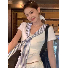 批发晨领原版品质学院风白色海军领短袖t恤女正肩夏季修身披肩上衣