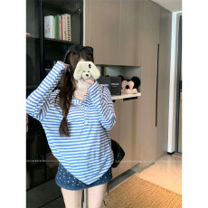 批发原版品质韩系条纹长袖T恤女<b class='q'>夏季</b>防晒罩衫小众百搭宽松上衣
