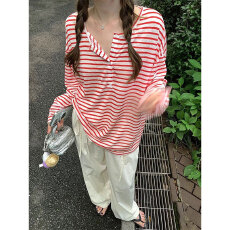 批发原版品质韩系慵懒撞色条纹长袖防晒罩衫<b class='q'>夏季</b>长袖T恤上衣女