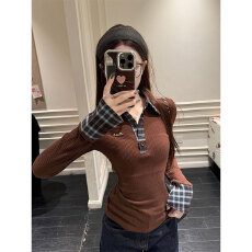 批发原版广州面料假两件格子拼接polo领长袖T恤秋季辣妹上衣