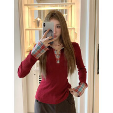 批发原版面料复古假两件拼接长袖T恤女<b class='q'>秋冬</b>修身内搭上衣