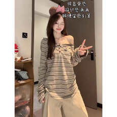 批发原版品质撞色条纹一字肩长袖T恤女装新款秋季宽松显瘦上衣