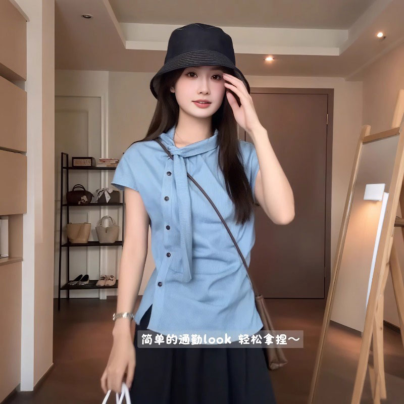 FA36519# 背心高级感条纹小飞袖飘带斜门襟衬衫女不规则休闲显瘦百搭上衣 服裝批發女裝批發服飾貨源