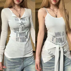 批发晨领原版品质辣妹印花长袖防晒T恤女装新款夏季显瘦打底衫上衣