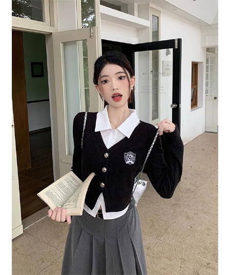 원본 가슴 표준 눈에 띄는 페이크 레이어드 POLO 칼라 여성 셔츠 가을 빅 사이즈 학원 스타일 세트