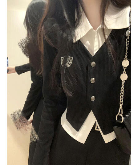원본 것 원본 가슴 표준 눈에 띄는 페이크 레이어드 POLO 칼라 여성 셔츠 가을 학원 스타일 세트