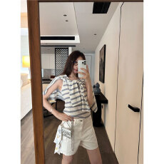 批发晨领原版品质慵懒撞色条纹长袖开衫秋季辣妹吊带背心上衣两件套