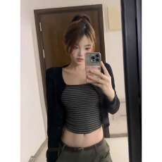 批发晨领原版品质韩系<b class='q'>条纹</b>吊带背心秋季气质长袖开衫短款外套两件套