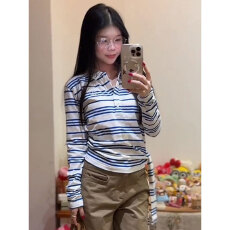 批发晨领原版品质美式复古polo领长袖t恤女秋季修身条纹显瘦上衣潮