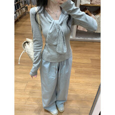 晨领灰色条纹蕾丝拼接v领长袖t恤女早秋修身系带内搭打底衫上衣