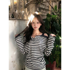 晨领甜辣风条纹一字肩长袖t恤女早秋新款假两件修身显瘦慵懒上衣