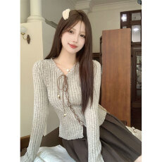 批发早秋款美式复古绑带长袖<b class='q'>针织衫</b>女早秋修身显瘦上衣女