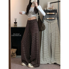 批发晨领原版品质复古美拉德杏色条纹直筒裤秋季新款慵懒抽绳阔腿裤