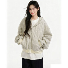 原版品质-加内抽-绣花-后包领早秋灰色条纹连帽卫衣外套女