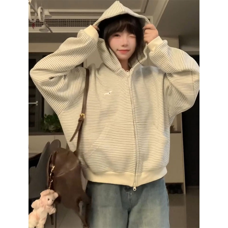 원본 품질 플러스 인사이드 펌프 자수 이후 패키지 칼라 가을 루즈핏 한 부서 스트라이프 후드 티 스웨터 여성