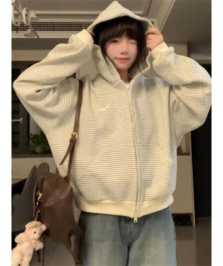 원본 품질 플러스 인사이드 펌프 자수 이후 패키지 칼라 가을 루즈핏 한 부서 스트라이프 후드 티 스웨터 여성