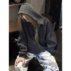 批发原版品质绒条复合韩系慵懒风撞色条纹连帽拉链<b class='q'>卫衣</b>外套女