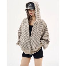 绒条复合韩系条纹连帽卫衣秋季新款宽松开衫外套
