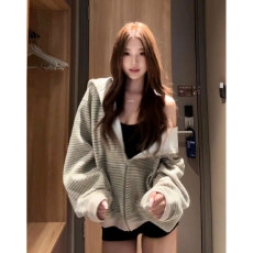 绒条复合连帽卫衣外套秋季新款韩系拉链条纹上衣