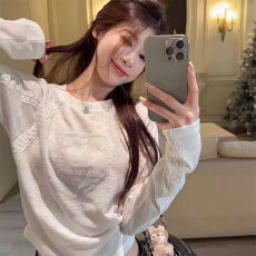 批发原版品质提花面料<b class='q'>刺绣</b>拼接<b class='q'>蕾丝</b>长袖T恤女打底衫修身上衣