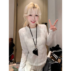 批发提花面料拼接<b class='q'>蕾丝</b>帆船<b class='q'>刺绣</b>长袖T恤圆领修身上衣