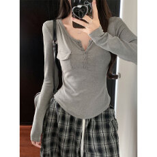 批发羊绒基础款纽扣<b class='q'>长袖</b>T恤女2025秋季新款修身显瘦百搭打底亨利衫潮