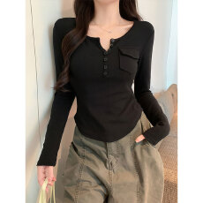 批发260克1X1人棉秋季新款纯欲风<b class='q'>修身</b>纽扣半开V领长袖t恤上衣女