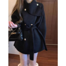 批发高质量加厚保暖德绒450克秋冬新款黑色赫本风外套上衣女