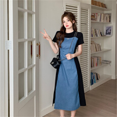 批发原版质量大码复古<b class='q'>牛仔</b>连衣裙女夏季胖mm遮肚显瘦假两件裙