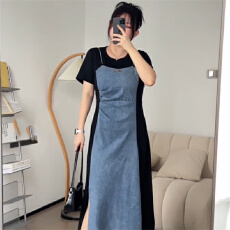 批发晨领原版质量天猫品质微胖妹复古<b class='q'>牛仔</b>连衣裙女夏季假两件拼接显瘦
