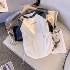 批发抽绳撞色圆领辣妹上衣<b class='q'>个性</b>女装新款打底修身短款短袖<b class='q'>t</b><b class='q'>恤</b>