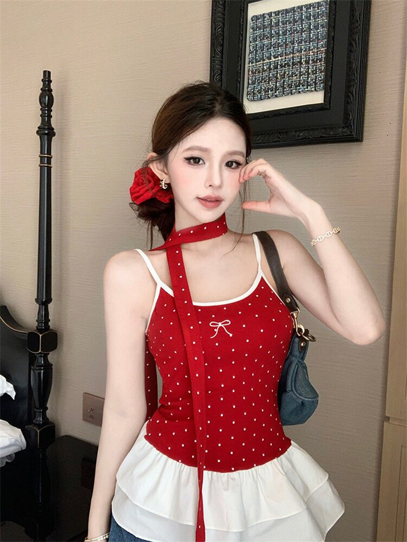 발레 바람 빨간색 도트 무늬 나비 매듭 캐미솔 여름 디자인 센스 패치워크 배색 프릴 맨위