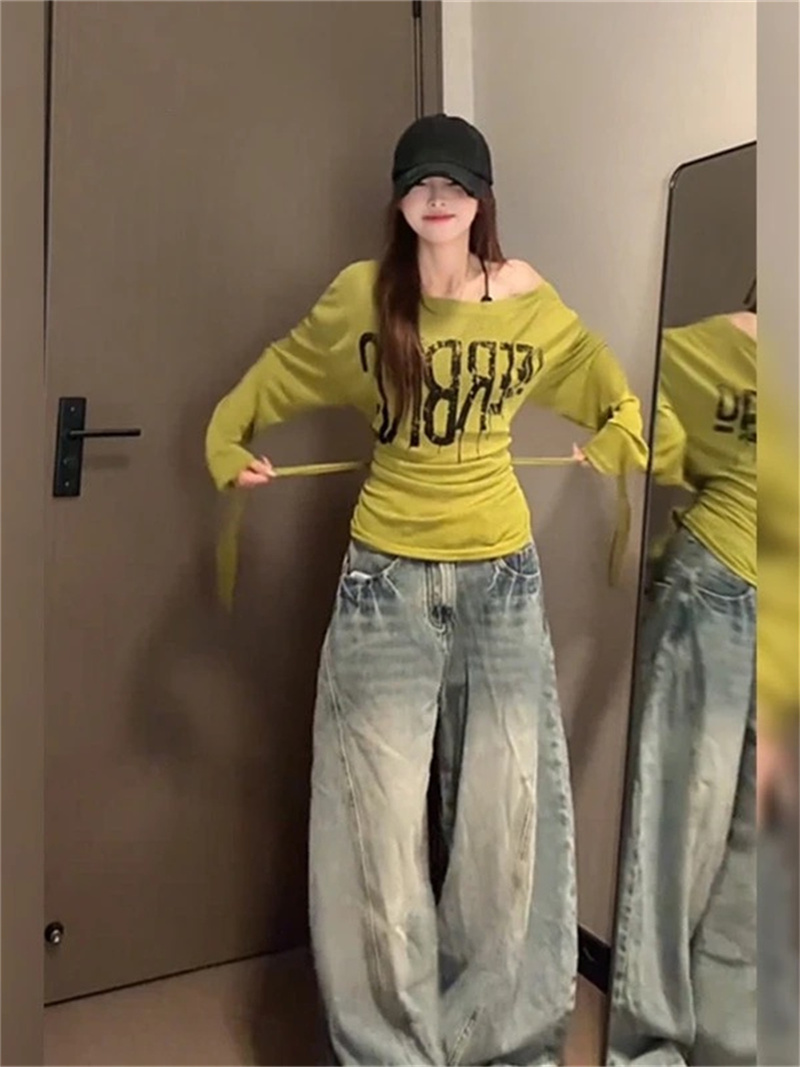 느긋한 바람 루즈핏 알파벳 프린트 긴팔 티셔츠 여성 의류 새로운 여름 한 부서 디자인 센스 캐주얼 맨위