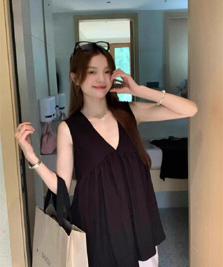 원본 원단 디자인 센스 V넥 조끼 맨위 여성 의류 여름 새로운 루즈핏 한 부서 외출용 슬립 여성