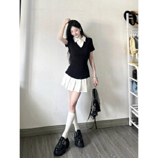 批发法式设计感假两件polo领连衣裙女夏季收腰显瘦甜辣百褶<b class='q'>短裙</b>子