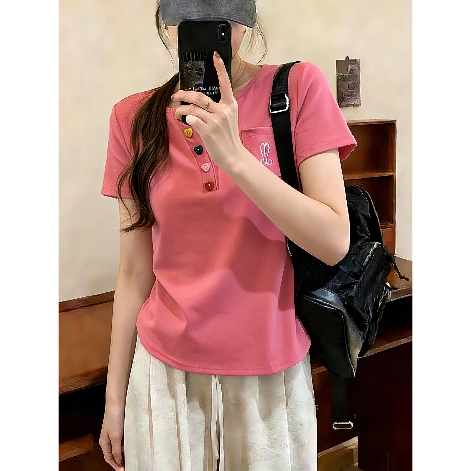 RY2045# 大码女装胖mm弧形下摆V领正肩短袖t恤女