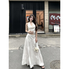 批发温柔风白色半身裙女装新款春夏高腰显瘦设计感小众大摆伞裙子