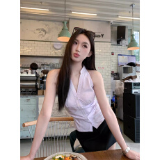 批发原版品质法式掐腰条纹无袖<b class='q'>衬衫</b>女夏季修身设计感短款挂脖上衣