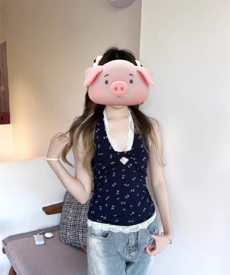 실사 프랑스식 디자인 센스 핫걸 몸매 가꾸기 슬림해 보이는 패치워크 레이스 레이스 꽃무늬 행침 목 조끼 맨위 여성