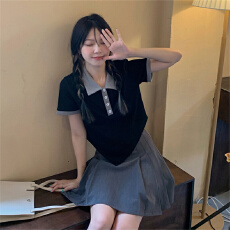 批发实拍~设计感撞色POLO衫正肩<b class='q'>短袖</b><b class='q'>t</b><b class='q'>恤</b>女夏季小个子短款上衣