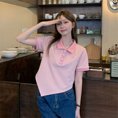批发实拍~甜美撞色POLO衫正肩<b class='q'>短袖</b><b class='q'>t</b><b class='q'>恤</b>女夏季小个子短款上衣