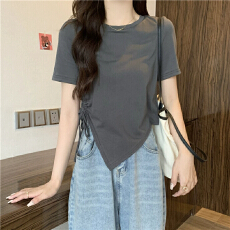 批发大码爆款大码女<b class='q'>装</b>设计感不规则灰色<b class='q'>短袖</b>T恤宽松开叉别致上衣