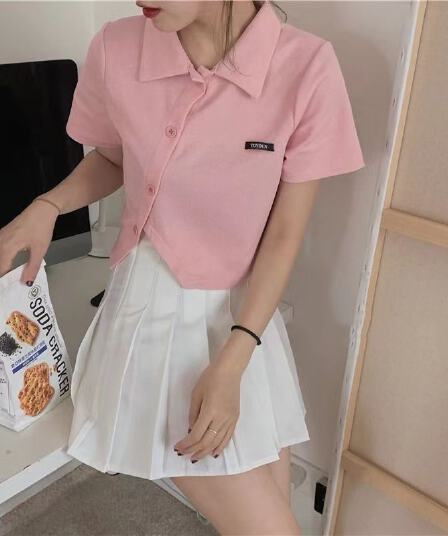 마이크로 지방 mm 불규칙 POLO 칼라 쇼트 스타일 오픈 가디건 티셔츠 핫걸 슬림해 보이는 반팔 맨위