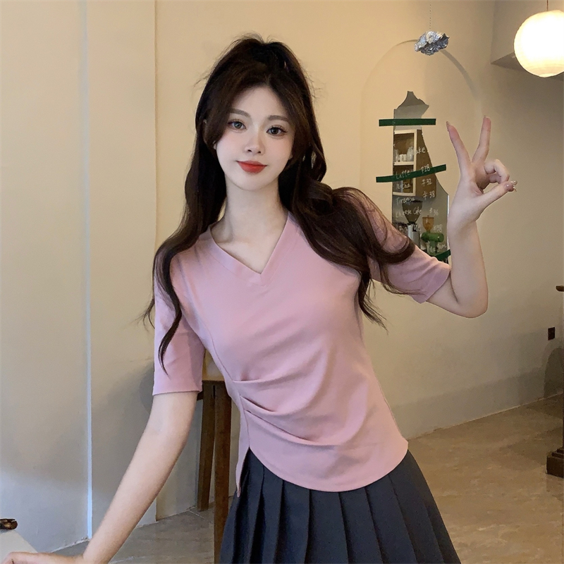 빅 사이즈 긍정적 인 어깨 반팔 티셔츠 여성 디자인 작은 대중 여름 지방 mm 불규칙 쇼트 스타일 맨위