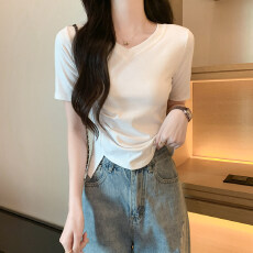 批发大码正肩网红欧货不规则褶皱流行粉色<b class='q'>t</b><b class='q'>恤</b>修身上衣女