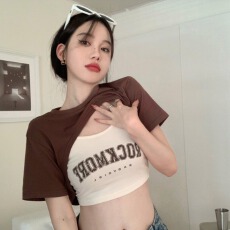 批发<b class='q'>街头</b>辣妹风短款小心机T恤罩衫两件套修身时尚字母大码内搭夏