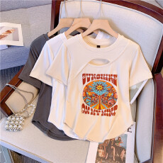 批发大码胖MM辣妹镂空<b class='q'>短袖</b>T恤夏款别致印花修身显瘦上衣