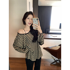 批发大码慵懒风<b class='q'>条纹</b>撞色V领<b class='q'>T</b><b class='q'>恤</b>女夏季宽松休闲中长款上衣