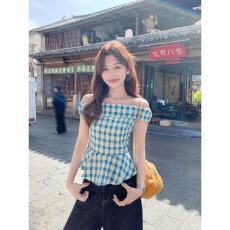 批发原版品质+拉链内里韩系蓝色格纹一字肩衬衫夏日减龄上衣