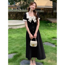 实拍原版面料做工-酷丝棉+人丝提花法式蝴蝶结气质短袖连衣裙